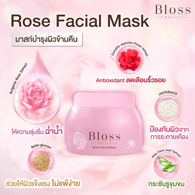 Luxurious Rose Skincare Treatment - Indulge in a luxurious skincare experience with the Bloss Rose Facial Mask and ingredients list.