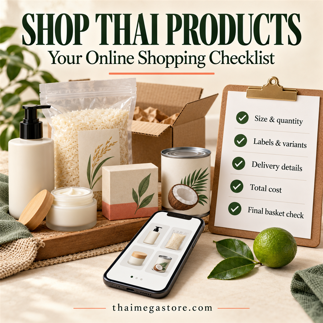 Thai skincare and pantry products beside a smartphone, shipping box and online shopping checklist.