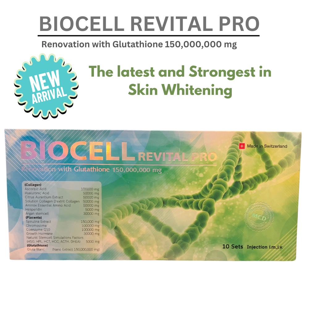 Packaging of Biocell Revital Pro with Glutathione for skin whitening and rejuvenation. The packaging is green and white with text and graphics describing the product's benefits and ingredients.