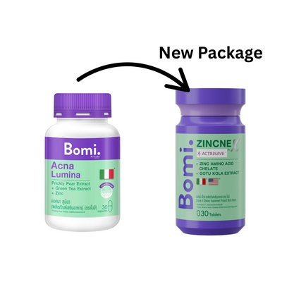 Two Bomi supplement bottles labeled 'Acna Lumina' and 'Zincne' on a white background.