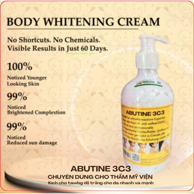 Body Abutine 3C3 whitening cream with pump dispenser on a beige background, featuring text about visible results.