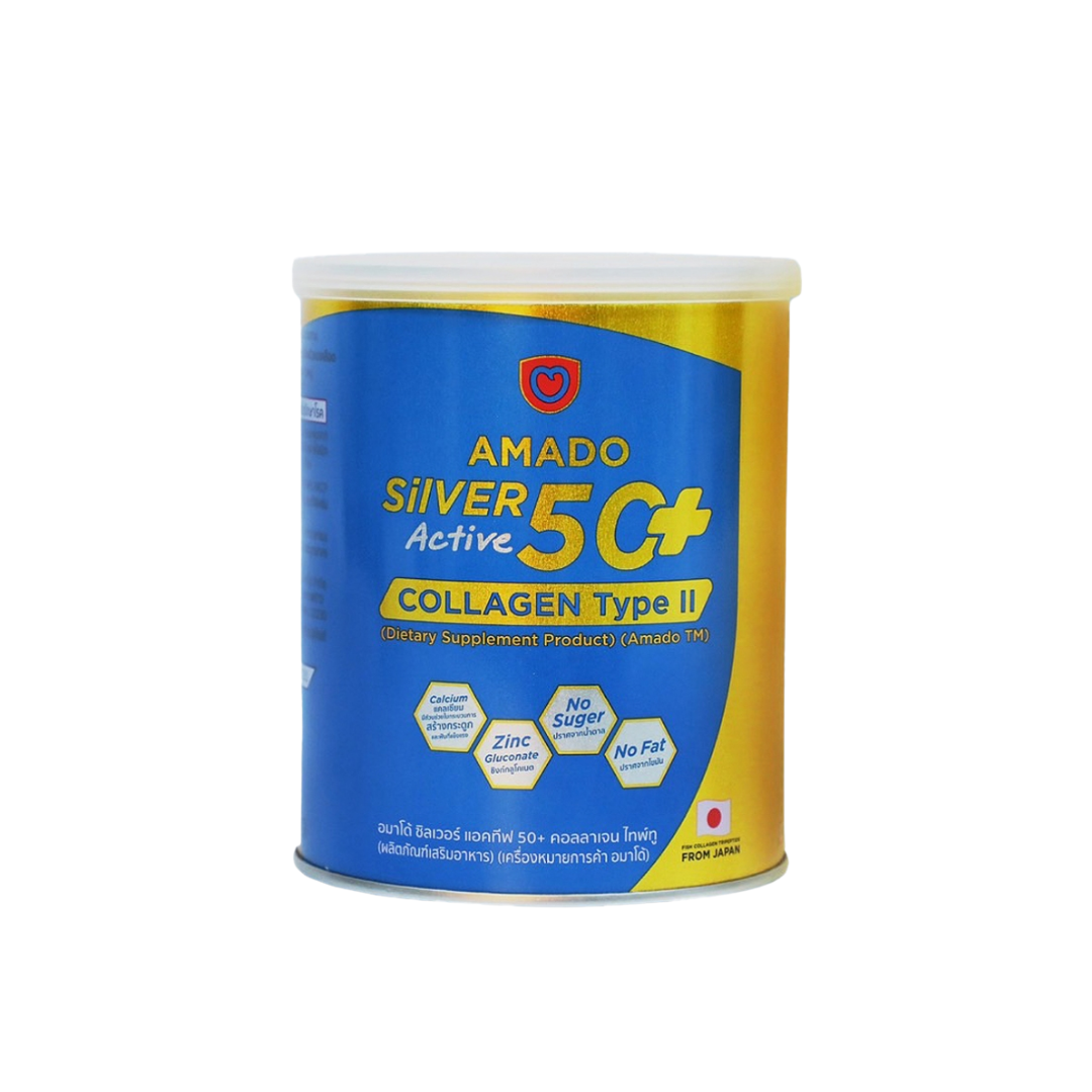 Amado Silver 50+ Collagen Type II supplement container on a white background