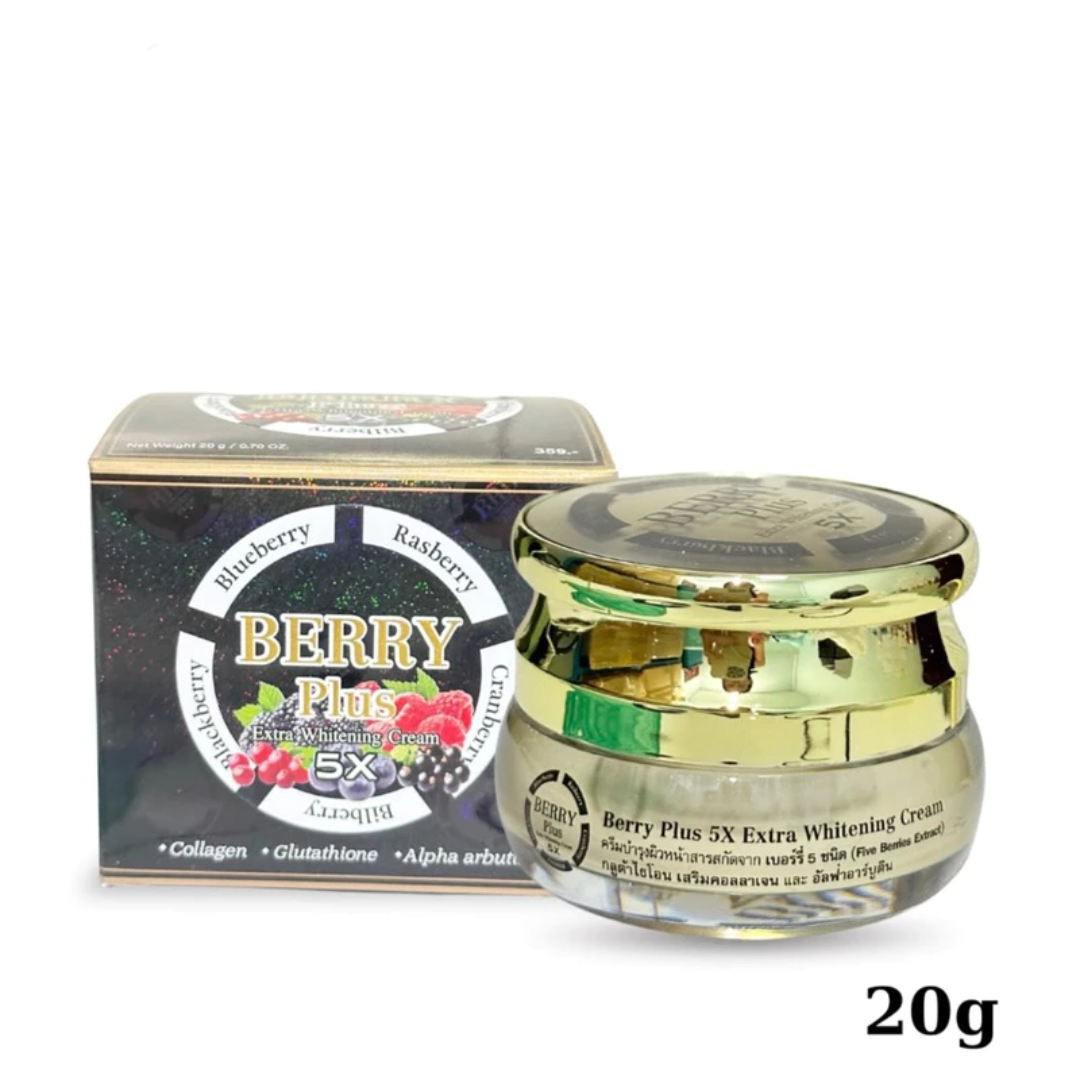 Gold jar of Berry Plus Extra Whitening Cream with packaging on a white background