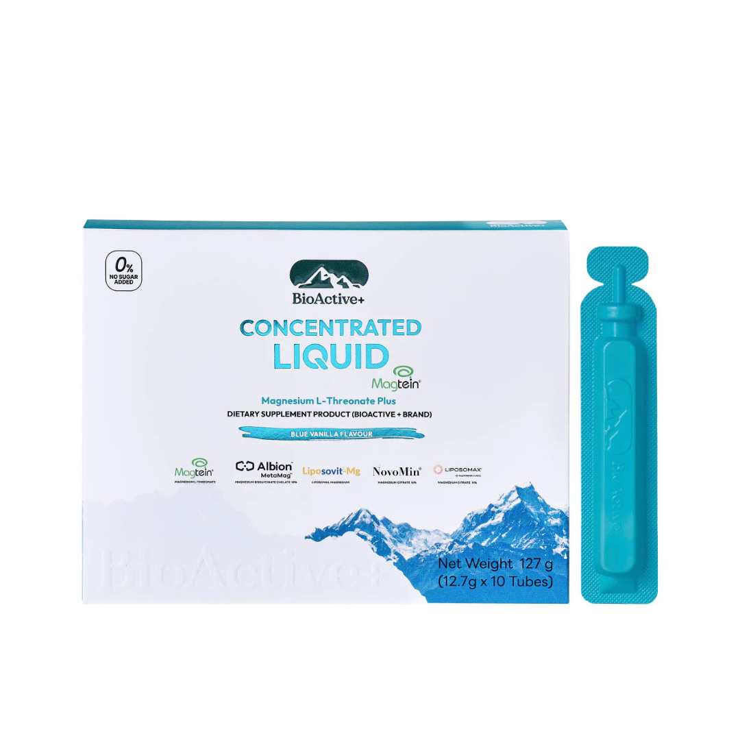 Single tube of BioActive+ magnesium liquid blue vanilla