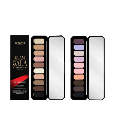 Glam Gala eyeshadow palette with open cases showing color swatches on a white background