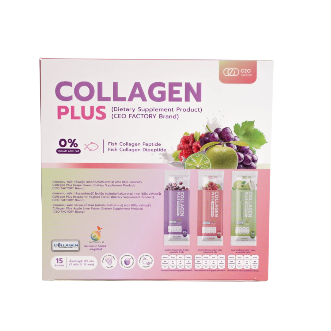 CEO Factory Collagen Plus dietary supplement product packaging with images of fruits and vegetables on a white background.