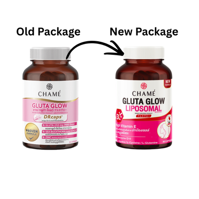 Comparison of an old and new package of Chame Gluta Glow liposomal supplement.