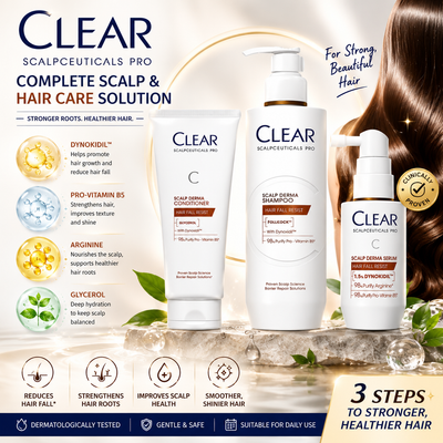 A promotional product graphic for CLEAR Scalpceuticals Pro hair care products, showing three white bottles and a white pump bottle with printed labels, alongside marketing text, icons, and a woman's hair on the right side.