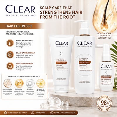 A promotional graphic for CLEAR Scalpceuticals Pro hair fall resist shampoo and conditioner set. The image features three white bottles (shampoo, conditioner, and a smaller treatment bottle) with brown and gold accents, set against a warm beige background with gold liquid droplets, clear glass beads, and text detailing the benefits of the hair fall resist formula.