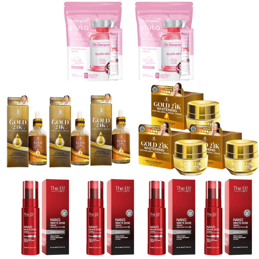 Dr. Gangnam Gluta Nex, Precious Skin 24K Facial Cream and Serum, and The Elf Nano Body Cream bundle for skin whitening