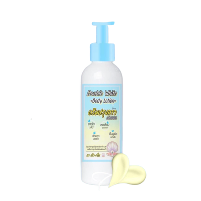 Body lotion bottle with pump and small sample on a white background