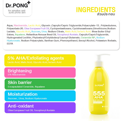 Strengthen your skin's barrier with Dr.PONG 555 AHA blend Exfoliating body solution.