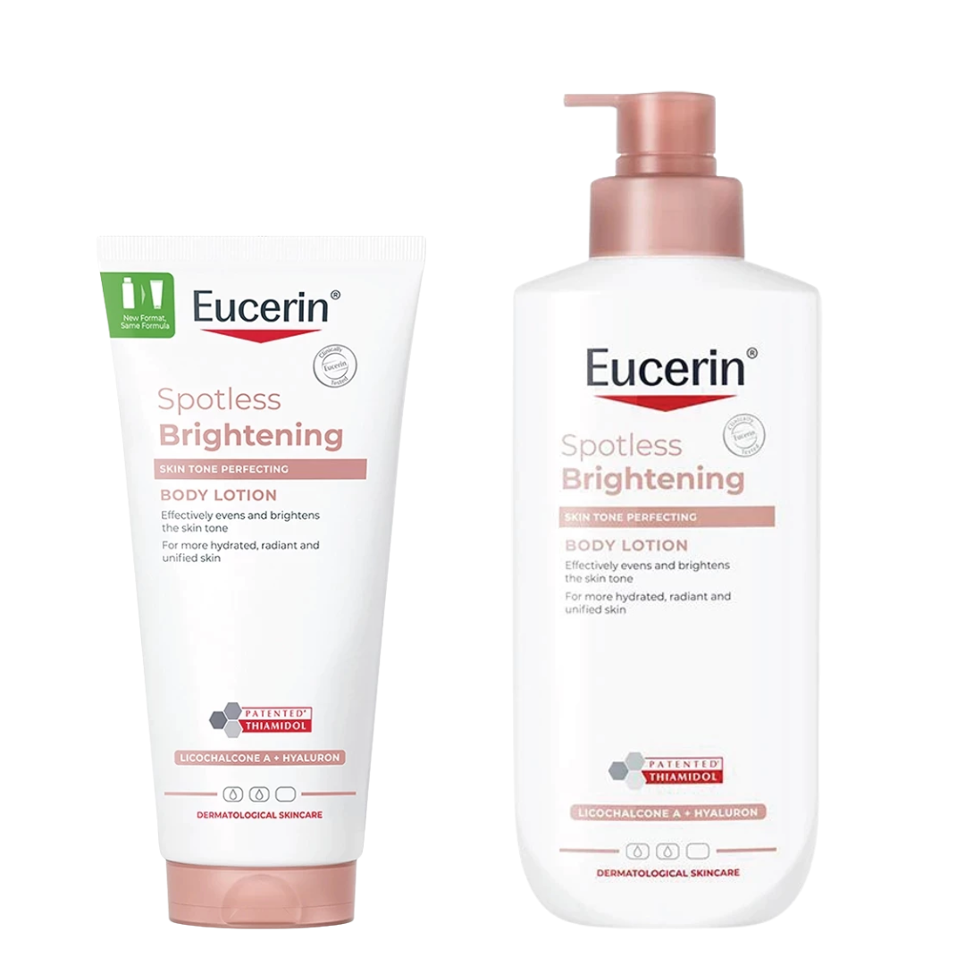 Eucerin Spotless Brightening Body Lotion set featuring a squeeze tube and a pump bottle on a plain white background.