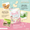 Baby tofu soap packaging with ingredients like aloe vera, snail extract, and soybeans on a colorful background.