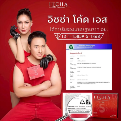 Promotional advertisement for ITCHA with a man and woman in red outfits on a red background.