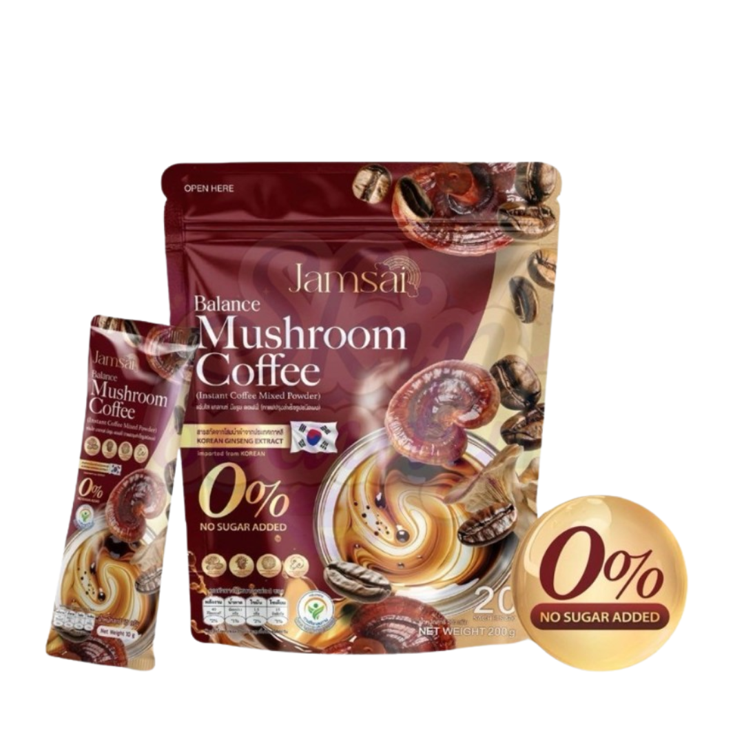 Jamsai Mushroom Coffee package with a smaller packet on a white background