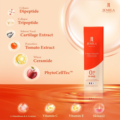 JEMILA DEWYGLOW Collagen Dipeptide Plus: Convenient individual sachets for daily use.