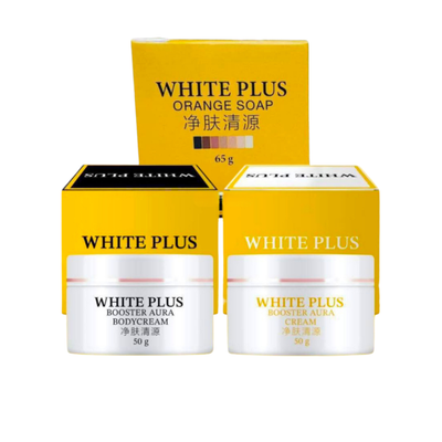 White Plus skincare products including cream and soap on a white background