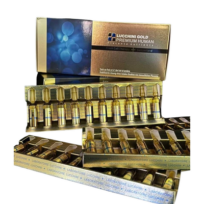 Display of Lucchini Gold Premium Human Growth Hormone ampoules with packaging on a white background