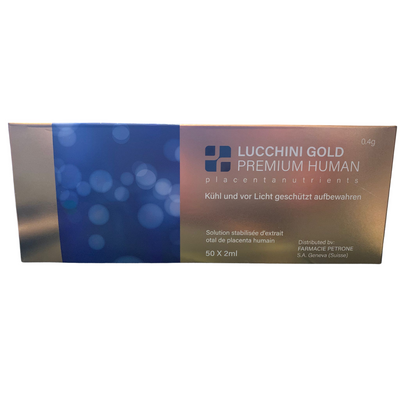 Box of Lucchini Gold Premium Human placental nutrient on a white background