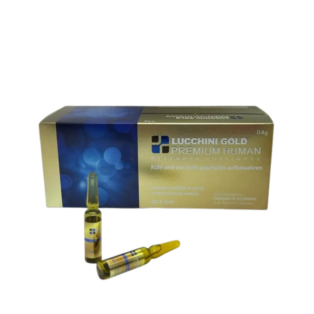 Lucchini Gold Premium Human supplement packaging with two yellow ampoules on a white background