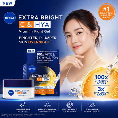 Nivea Extra Bright C&HYA Vitamin Night Gel advertisement with a woman's face and product packaging on blue background