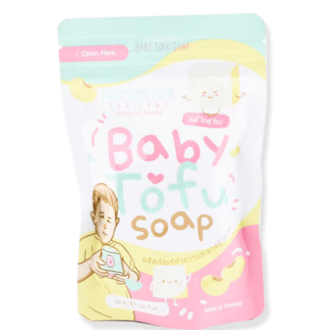 Baby tofu soap packaging with cartoon illustration on a white background