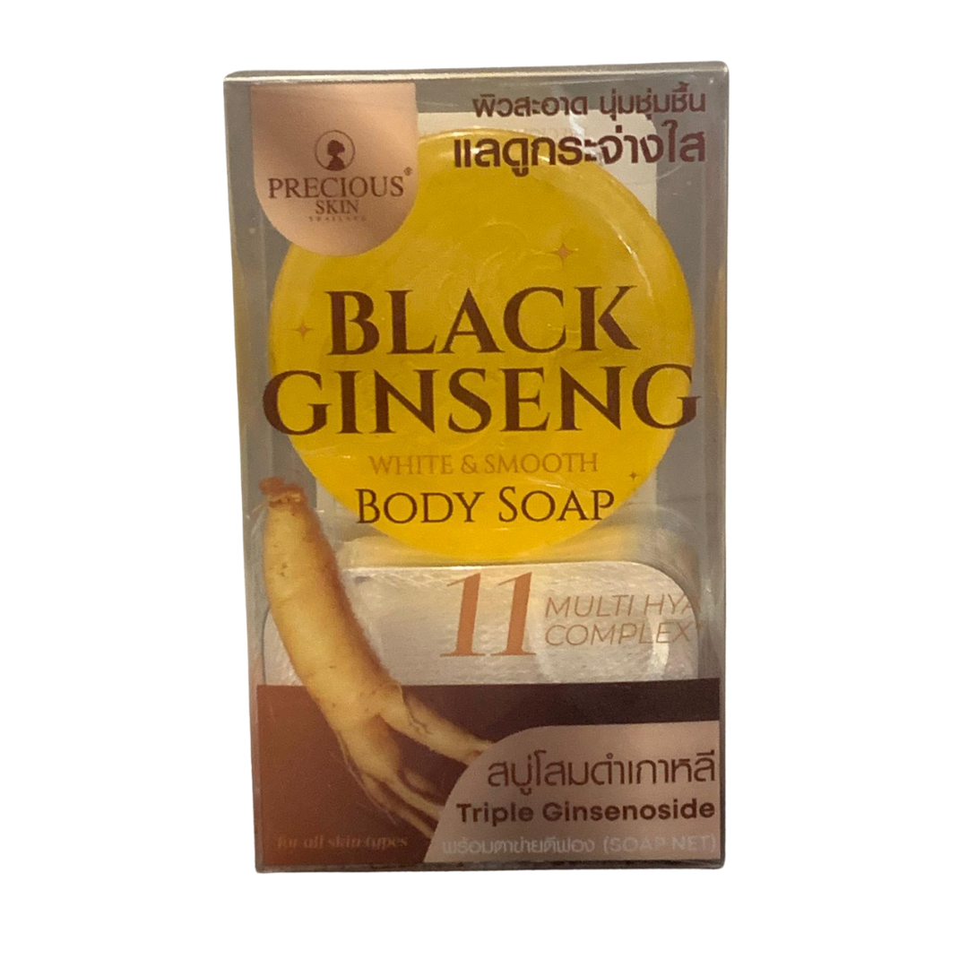 Box of Black Ginseng body soap with text and graphics on a white background