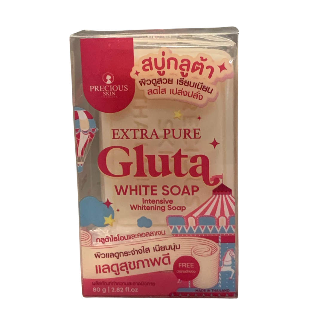 Box of Extra Pure Gluta White Soap with branding on a white background