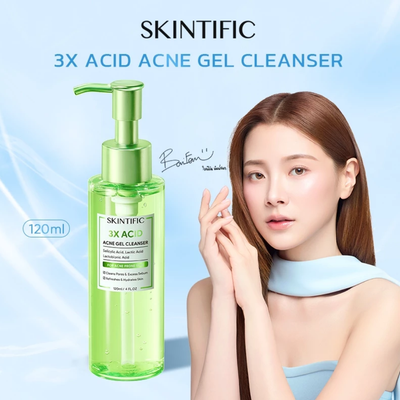 Skintific 3X Acid Acne Gel Cleanser bottle with a model on a light blue background
