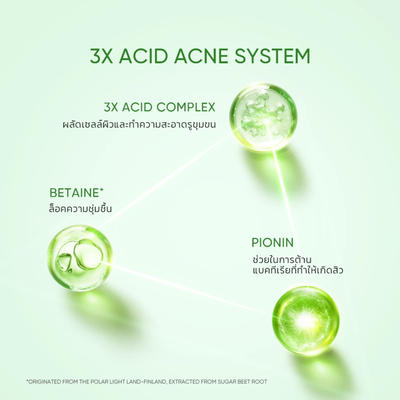 3X Acid Acne System with 3D droplet graphics on a light green background
