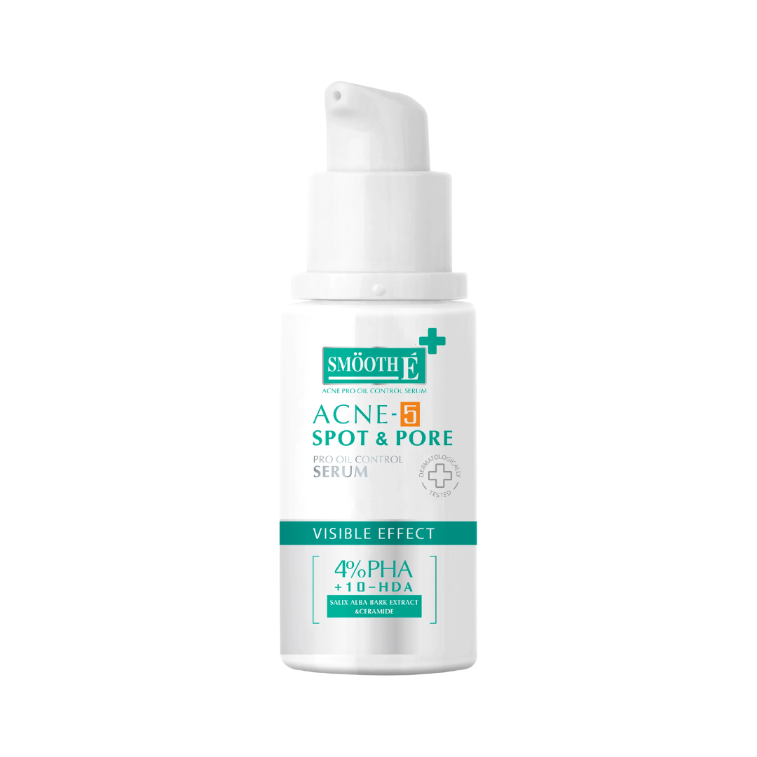Skincare serum bottle labeled 'Smooth E Acne-5 Spot & Pore Blemish Serum' on a white background