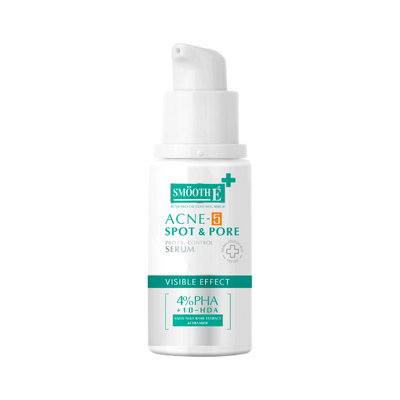 Skincare serum bottle labeled 'Smooth E Acne-5 Spot & Pore Blemish Serum' on a white background