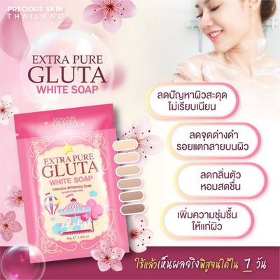 Extra Pure Gluta white soap packaging with a woman and floral elements on a light pink background