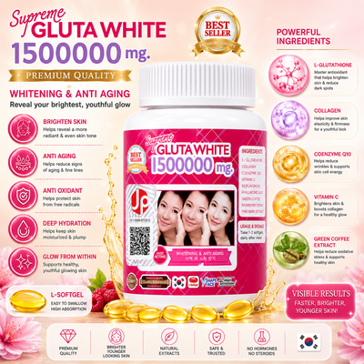 A bottle of JP Beauty Supreme Gluta White 1500000 mg whitening serum centered on a pink promotional background with ingredient callouts, before-and-after faces, gold capsules, and a 'Best Seller' badge.