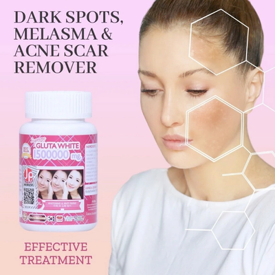Product advertisement for Gluta White with a woman's face and skin issues highlighted on a pink background.