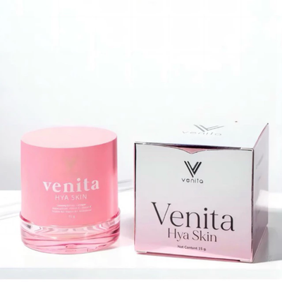 Pink skincare jar and box with 'Venita Hya Skin' branding on a white background