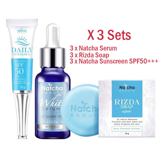 X3 Natcha Beaute Set Hi Speed Whitening Serum + Soap + SunScreen Protection SPF50 PA+++ (3 Sets)