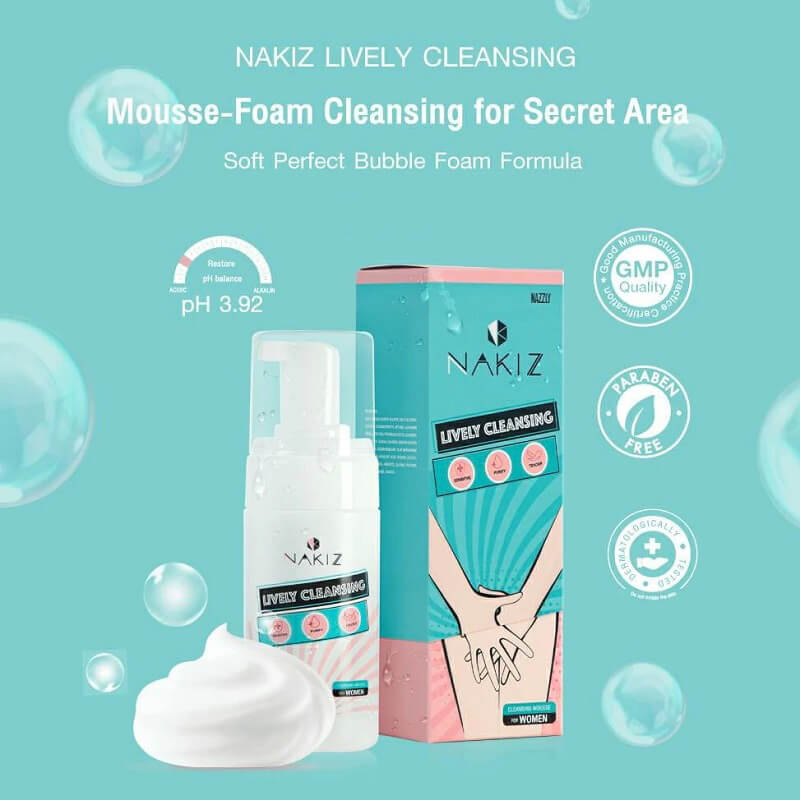 Packaging and pump bottle of Nakiz Lively Cleansing Mousse, with visual indicators of key ingredients and product benefits, such as pH balance and suitability for sensitive skin.