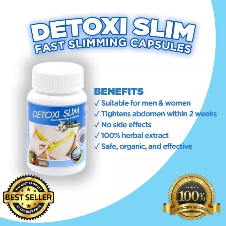 Promotional image for Detoxi Slim fast slimming capsules, highlighting its benefits such as being suitable for men and women, having no side effects, and being a product with 100% herbal extract.