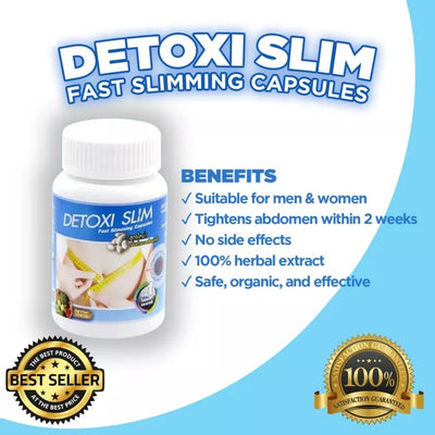 Promotional image for Detoxi Slim fast slimming capsules, highlighting its benefits such as being suitable for men and women, having no side effects, and being a product with 100% herbal extract.