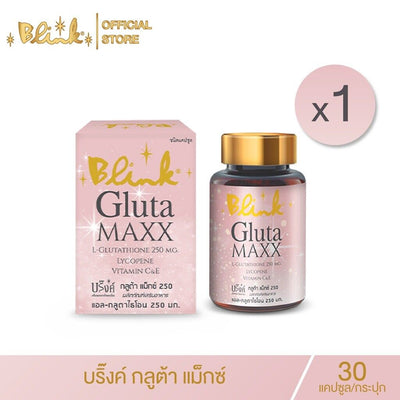 A close-up of a Blink Gluta Max capsule with vitamin C and E for radiant skin