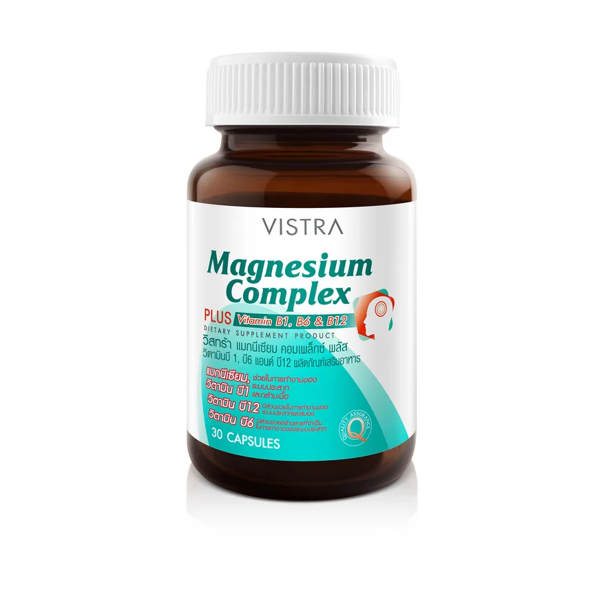 A bottle of Vistra Magnesium Complex dietary supplement containing 30 capsules. The label is white with blue and green text, and an illustration of a pill capsule.