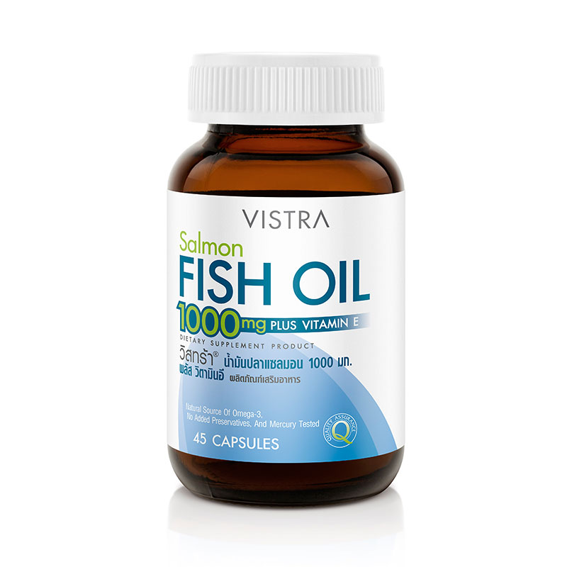 Bottle of Vistra Salmon Fish Oil 1000 mg plus vitamin E with 45 capsules, labeled in Thai and English.